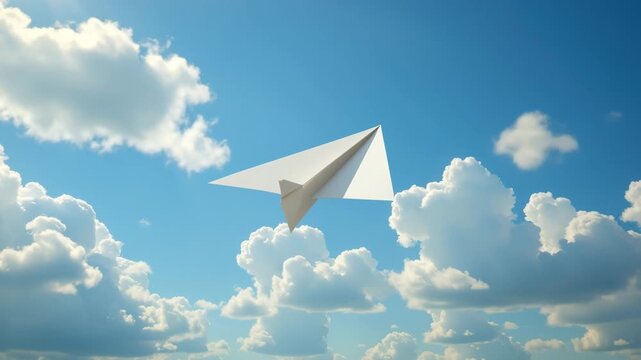 Paper Airplane Soaring High: A crisp white paper airplane gracefully floats through a vibrant blue sky dotted with fluffy clouds, symbolizing freedom and limitless possibilities.