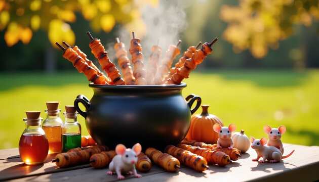 Steaming skewers and potion bottles with adorable mice in autumn setting with copy space; whimsical harvest