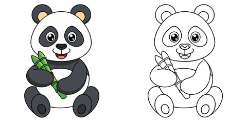 Bamboonoo the panda sitting with a piece of bamboo in paw and a happy face,