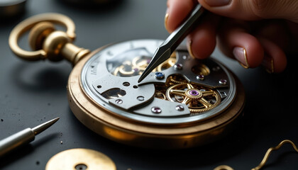 Precision engineering with watchmaking tools and gears on metallic background with copy space