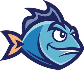 Aggressive blue fish mascot with sharp fins and determined expression