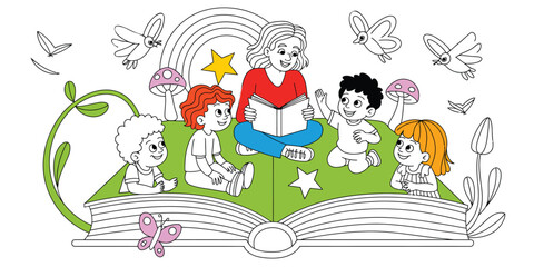 Storytelling illustration with woman reading to children seated on giant open book, surrounded by rainbow, butterflies, stars, and fantasy plants
