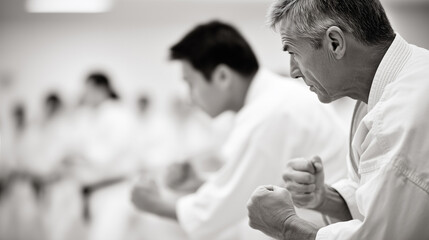 Focused older man in a karate class practicing martial arts techniques among a group of students in traditional uniforms.