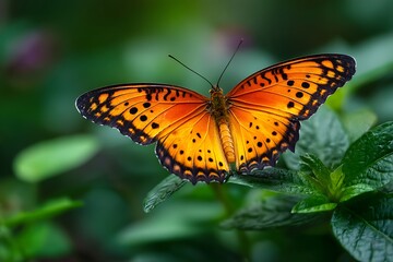A colorful butterfly with orange wings peacefully rests on lush green foliage, showcasing the intricate patterns and beauty of nature.