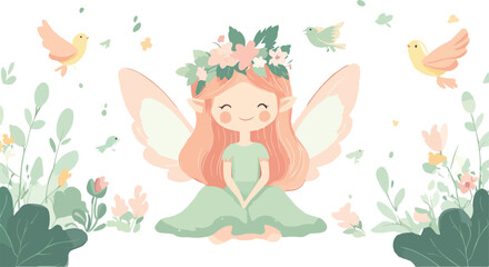 Charming watercolor illustration of a cute fairy with pink hair and wings surrounded by flowers and birds