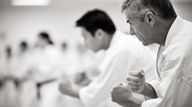 Focused older man in a karate class practicing martial arts techniques among a group of students in traditional uniforms.