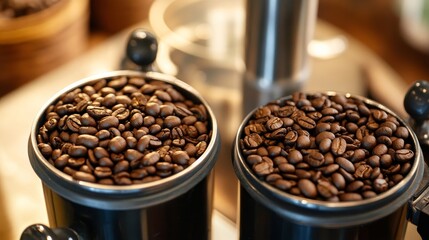 Two coffee grinders filled with fresh coffee beans ready for grinding and brewing delight