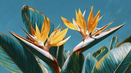 Fototapeta premium Two Bird of Paradise flowers bloom with vibrant yellow against teal foliage