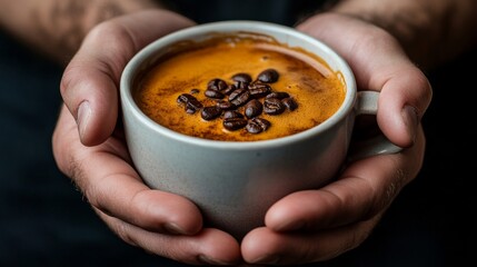 A man savoring a large cup of coffee, experiencing warmth and relaxation in his hands