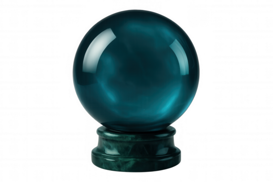 Glass sphere glowing on a green marble stand, perfect for representing divination or fortune-telling, with transparent background