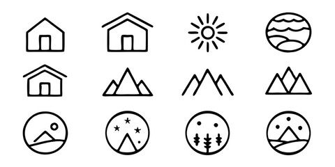 Collection of minimalist line art icons featuring houses, mountains, sun, and landscapes, isolated on white background, perfect for representing nature, travel, and outdoor concepts in a simple style