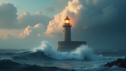 Majestic lighthouse stands strong against stormy seas and dramatic clouds