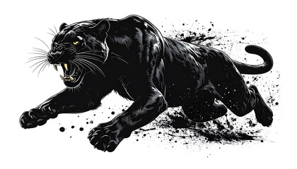 Powerful black panther in a dynamic pose, splattered with ink