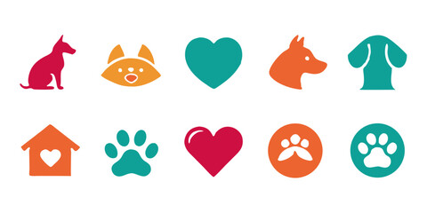 Set of vibrant icons featuring dogs, hearts, paw prints, and houses, perfect for promoting pet adoption, veterinary services, or animal welfare organizations isolated on white background