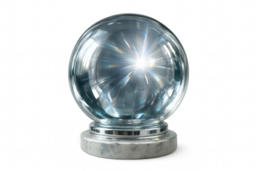 Luminous glass orb glowing intensely, resting on polished marble pedestal, symbolizing mystical energy against transparent backdrop