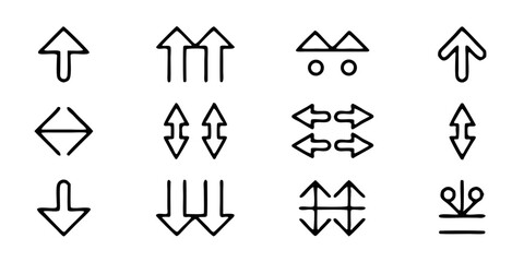 Set of outline arrow icons indicating various directions and movements, representing navigation, user interface elements, and graphic design concepts isolated on white background
