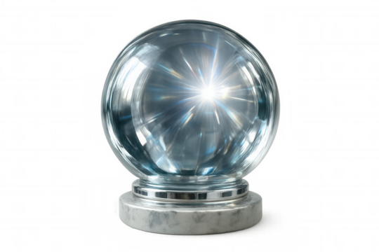Luminous glass orb glowing intensely, resting on polished marble pedestal, symbolizing mystical energy against transparent backdrop