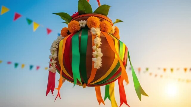 A vibrant handi pot, decorated with colorful ribbons and flowers, hanging outdoors for a traditional Indian festival, Krishna Janmashtami
