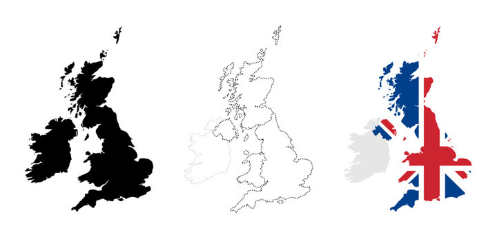 United Kingdom illustration. Great Britain solid, dashed and flag-filled country borders silhouette with geographical contours and colors. National or political UK region symbol. Country map pictogram
