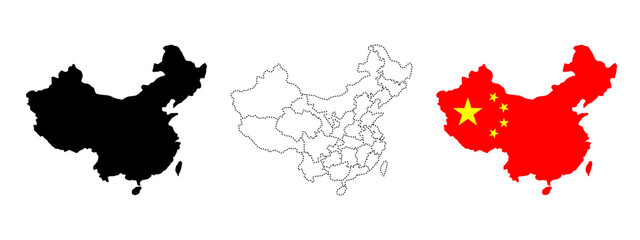 Obraz premium China map illustration. Black silhouette, dashed provinces map and national flag version. Political border sign. Asian territory symbol. National geography pictogram. Chinese country borders.