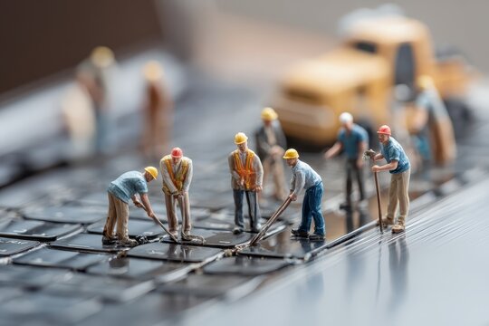 Team of miniature workers collaborating on a laptop keyboard to symbolize teleworking and teamwork in a business environment - Powered by Adobe