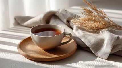 Warm cup of tea creating cozy atmosphere on wooden table