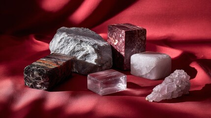 Crystals and minerals on red fabric background for geology and decorative purpose