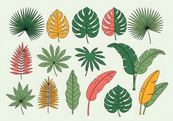 Fototapeta premium Vibrant collection of tropical palm leaves and monstera in a playful, modern illustration style, perfect for summer designs and exotic themes.
