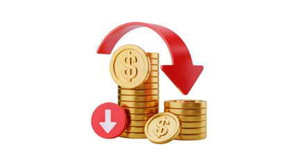 Gold coins decreasing value red arrow down financial loss