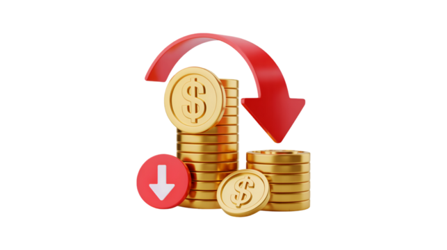 Gold coins decreasing value red arrow down financial loss