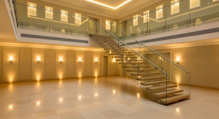 Double-height luxury hall with glass railings, beige marble floors, floating staircase, and soft gold uplighting along walls, refined architectural detailing