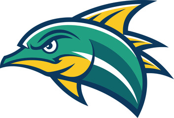 Aggressive teal and yellow fish mascot logo