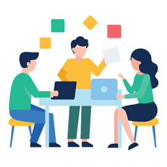 Fototapeta premium Flat Design Team Collaborating with Laptops and Ideas. Brainstorming, Project Planning and Remote Work Concept 