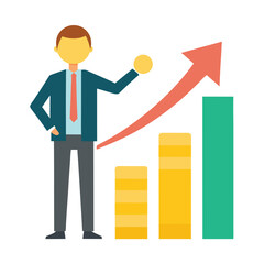 Businessman character stands on a rising bar chart, symbolizing financial growth and success with an upward-pointing arrow