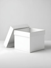 White cardboard gift box with open lid, minimalistic style, isolated on white background, perfect for packaging, storage, or surprise gifts, clean and modern appearance