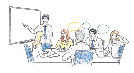 Sketch Style Business Meeting: Diverse Team Brainstorming, Collaborative Presentation,  Positive and Engaging Atmosphere.