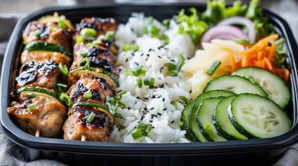Delicious yakitori skewer with rice and vegetables in a takeaway box