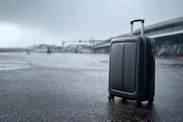Lost luggage and broken bag at the airport during a rainstorm delays travel plans and highlights the importance of travel insurance for protection against unexpected situations