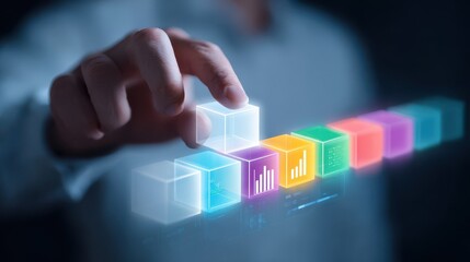 Person Interacting with a Clean Business Tech Interface Featuring Glowing White Cubes Displaying Colorful Charts.