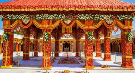 Naklejka premium Ornate Wedding Mandap Decorated With Vibrant Flowers And Fabrics