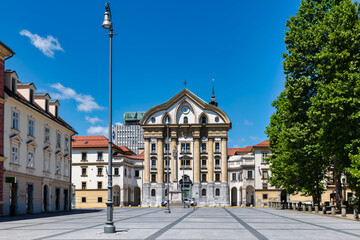 Ursuline Church of the Holy Trinity and Congress Square in Ljubljana in Slovenia. 