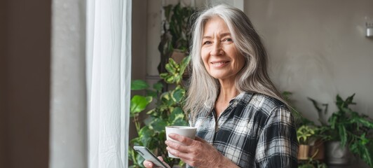The smiling mature woman enjoying coffee while holding smartphone by window in cozy home