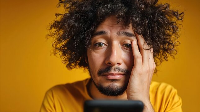 Homme aux cheveux boucl&eacute;s exprimant la fatigue avec sa main sur le visage