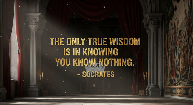 The profound quote from Socrates, "The only true wisdom is in knowing you know nothing," is presented in bold, yellow text.