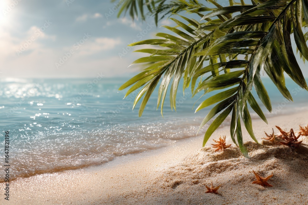 Wall mural relaxing summer day at the beach with gentle waves and palm trees providing shade near the shore