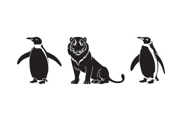 Three animals standing together two penguins and a tiger