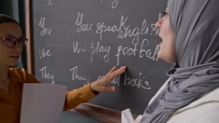 Young Caucasian female teacher explaining English pronouns to Muslim student in hijab as standing together near chalkboard with example sentences written in chalk - Powered by Adobe