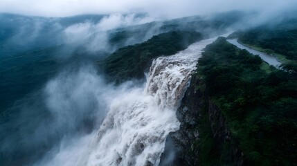 Dramatic waterfall cascading down rugged mountain landscape