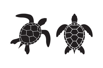 Two black silhouette sea turtles swimming