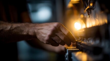 Electrician connecting wires in a control panel under bright work light